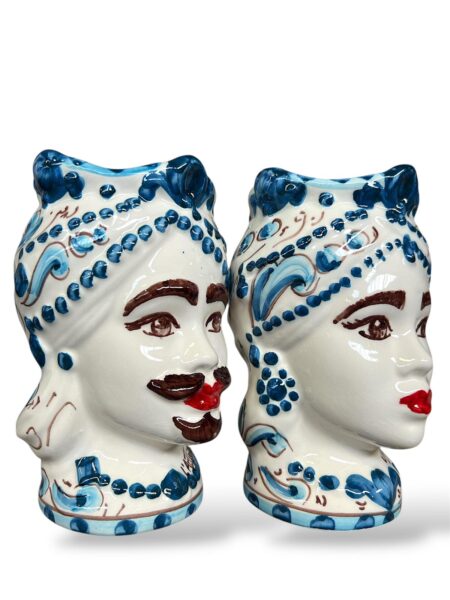 Coppia Teste di Moro blu floreale - in Ceramica di Santo Stefano di Camastra