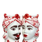 Coppia Teste di Moro rosso floreale – in Ceramica di Santo Stefano di Camastra