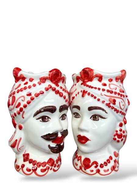 Coppia Teste di Moro rosso floreale – in Ceramica di Santo Stefano di Camastra