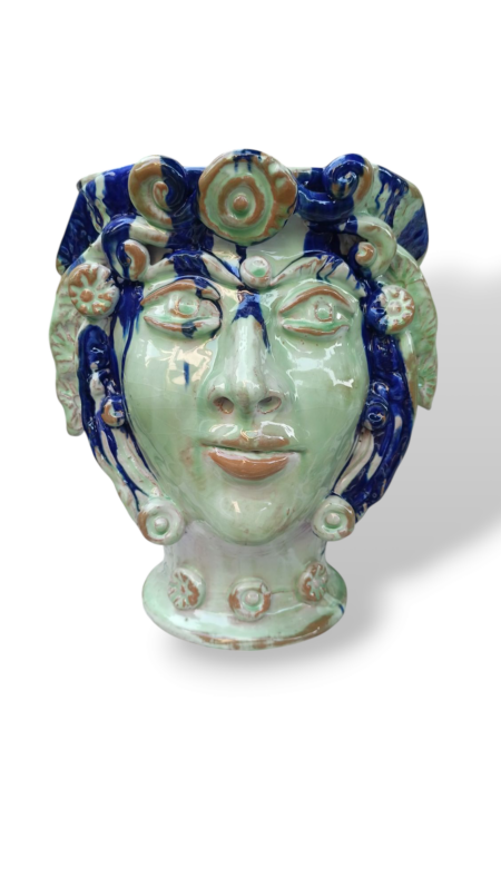 Testa di Moro Donna con applicazioni KL - blu - in Ceramica di Santo Stefano di Camastra