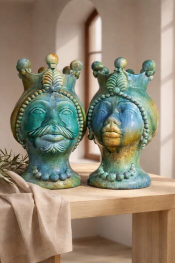 Coppia Teste di Moro con Applicazioni H37- in Ceramica di Santo Stefano di Camastra
