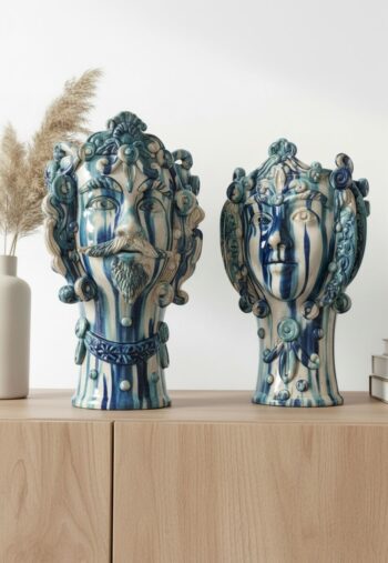 Coppia di Teste di Moro - Blu H50 L25 - in Ceramica di Santo Stefano di Camastra